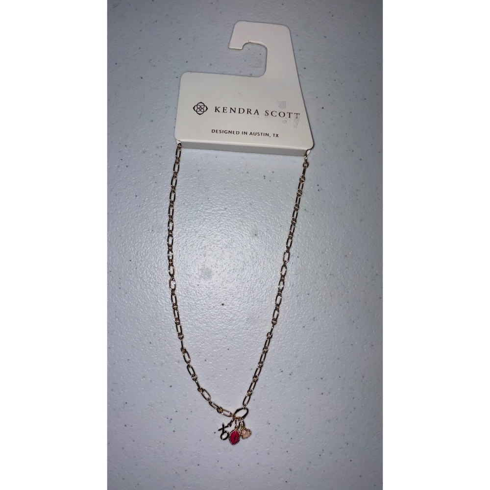 Kendra Scott 14k Gold Over Brass XO Heart Pink Stone Charm Paperclip Necklace